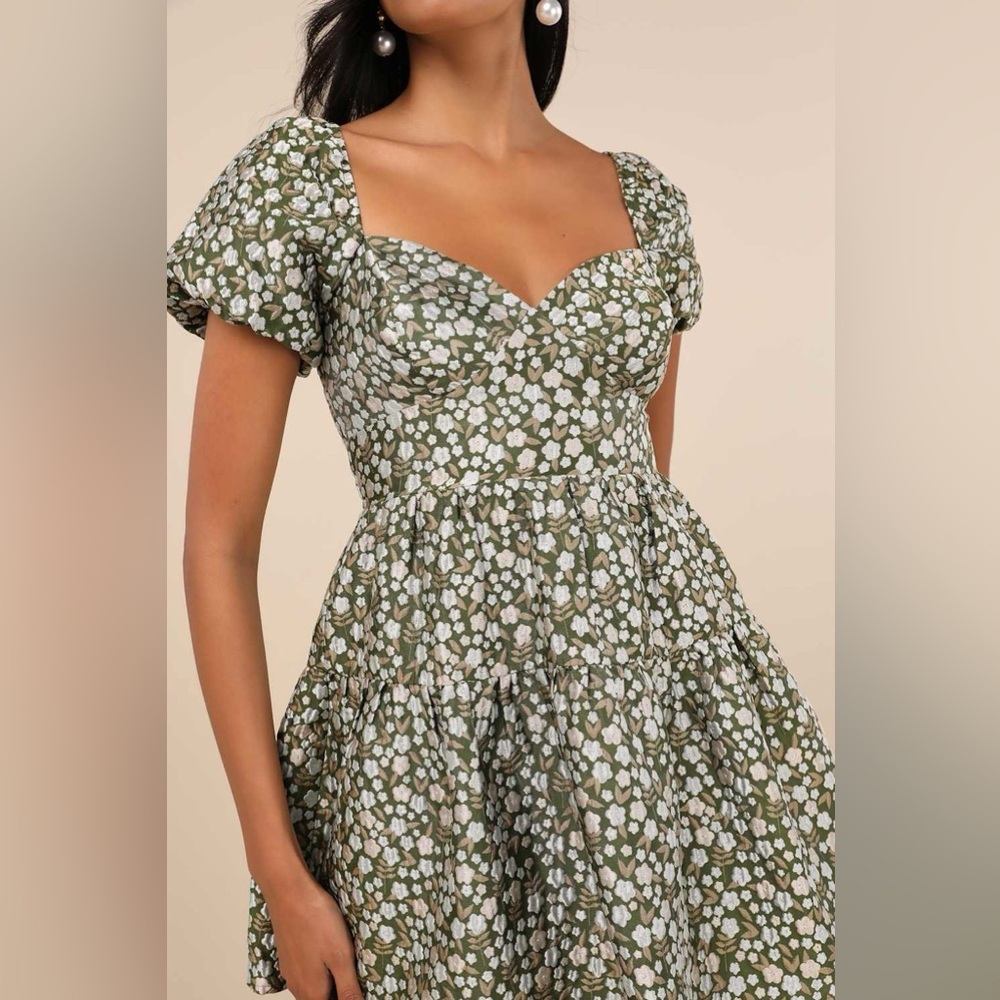 New Lulus Sz XL Confident Sweetheart Olive Floral Jacquard Tiered Mini Dress - Picture 4 of 8